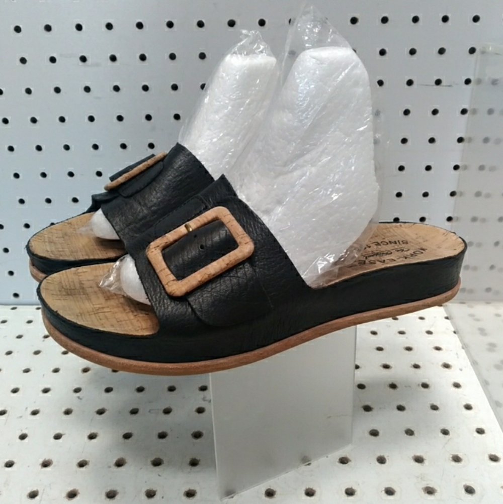 Kork-Ease Women's Black Sandals Leather bedded Flat Wedge Heel Strap | Slide